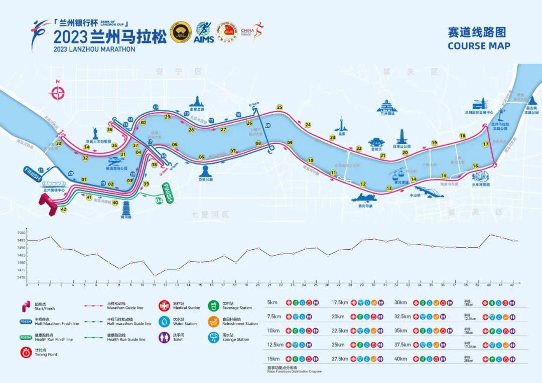 2023年兰州马拉松路线图，赛事围绕黄河展开。兰州马拉松微信公众号图